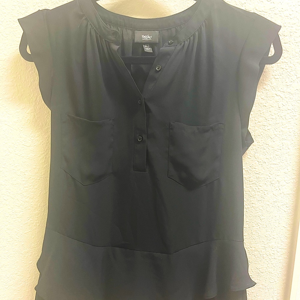 black chiffon top with buttons and ruffle bottom